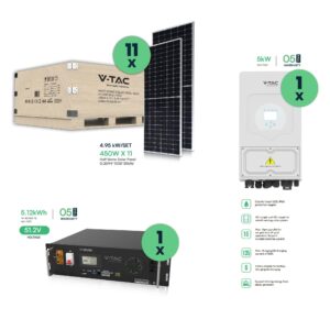 Komplet 11x Solarni panel 5 kW + 1x Litijeva baterija 5.12 kWh 100Ah + 1x Enofazni hibridni pretvornik 5kW V-TAC