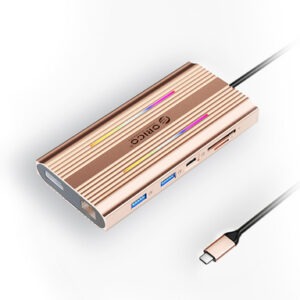 Priključna postaja USB-C 12 v 1, RGB, USB-C 3.1, 3x USB-A, USB-C PD100W, 2x HDMI 4K@60Hz, DP 4K@60Hz, SD+TF, RJ45, AUX, Aluminij, roza, ORICO XDR-X3