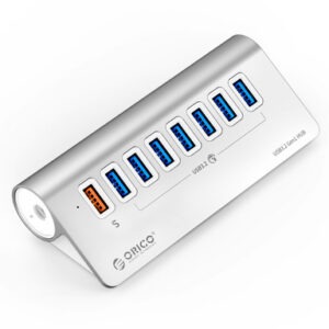 USB-C hub s 7 vhodi, 7x USB-A 3.2 Gen1, 1x USB-A PD, 5Gbps, z napajanjem, aluminij, ORICO M3U7Q1-05